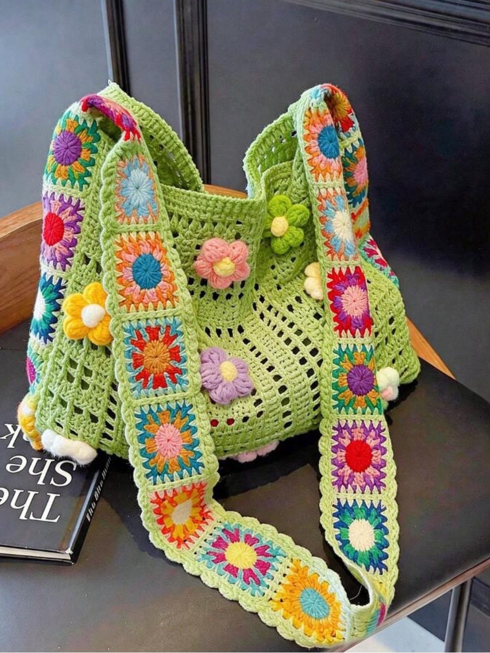 Handmade Crochet Floral Shoulder Bag - Light Green